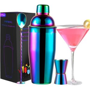image24oz Cocktail Shaker Bar Set Martini Shaker with BuiltIn Strainer Measuring Jigger Mixing Spoon Professional Stainless Steel Large Bartender Drink Shaker Margarita alcohol MixerRose GoldRainbow
