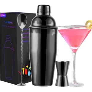 image24oz Cocktail Shaker Bar Set Martini Shaker with BuiltIn Strainer Measuring Jigger Mixing Spoon Professional Stainless Steel Large Bartender Drink Shaker Margarita alcohol MixerRose GoldBlack