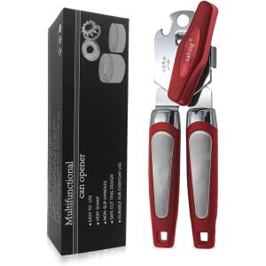 imageCan Opener Manual Handheld Strong Heavy Duty Stainless Steel Can Opener Comfortable Handle Sharp Blade Smooth Edge Can Openers with Multifunctional Bottle OpenerRed