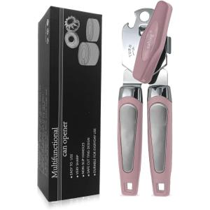 imageCan Opener Manual Handheld Strong Heavy Duty Stainless Steel Can Opener Comfortable Handle Sharp Blade Smooth Edge Can Openers with Multifunctional Bottle OpenerPink