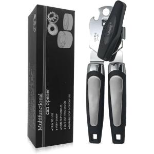 imageCan Opener Manual Handheld Strong Heavy Duty Stainless Steel Can Opener Comfortable Handle Sharp Blade Smooth Edge Can Openers with Multifunctional Bottle OpenerBlack
