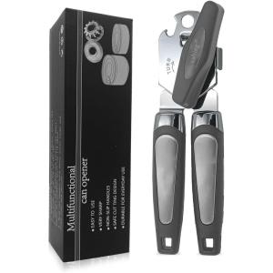 imageCan Opener Manual Handheld Strong Heavy Duty Stainless Steel Can Opener Comfortable Handle Sharp Blade Smooth Edge Can Openers with Multifunctional Bottle OpenerGray