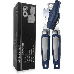 imageCan Opener Manual Handheld Strong Heavy Duty Stainless Steel Can Opener Comfortable Handle Sharp Blade Smooth Edge Can Openers with Multifunctional Bottle OpenerBlue
