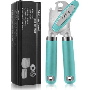 imageCan Opener Manual Heavy Duty Handheld Strong Can Opener with Soft Touch Handle Sharp Blade Smooth Edge Can Openers with Multifunctional Bottle Opener BlackAqua Sky