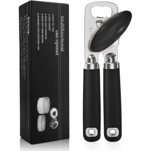 imageCan Opener Manual Heavy Duty Stainless Steel Smooth Edge Can Openers With Soft Touch Handle Oversized Handheld Easy Turn Knob MultiFunction Bottle Opener BlackBlack