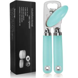 imageCan Opener Manual Heavy Duty Stainless Steel Smooth Edge Can Openers With Soft Touch Handle Oversized Handheld Easy Turn Knob MultiFunction Bottle Opener BlackAqua Sky
