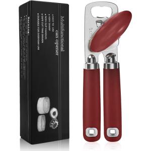 imageCan Opener Manual Heavy Duty Stainless Steel Smooth Edge Can Openers With Soft Touch Handle Oversized Handheld Easy Turn Knob MultiFunction Bottle Opener BlackRed