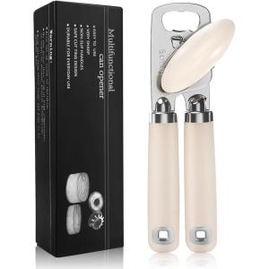imageCan Opener Manual Heavy Duty Stainless Steel Smooth Edge Can Openers With Soft Touch Handle Oversized Handheld Easy Turn Knob MultiFunction Bottle Opener BlackBeige