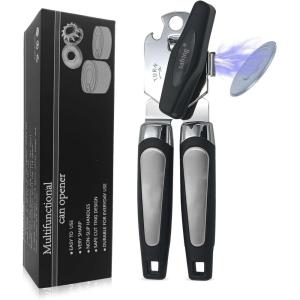 imageCan Opener Manual with Magnet Stainless Steel Handheld Heavy Duty Can Opener Sharp Blade Smooth Edge Comfortable Handle Can Openers with Multifunctional Bottle OpenerBlack