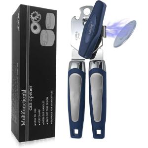 imageCan Opener Manual with Magnet Stainless Steel Handheld Heavy Duty Can Opener Sharp Blade Smooth Edge Comfortable Handle Can Openers with Multifunctional Bottle OpenerBlue