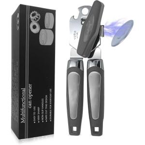 imageCan Opener Manual with Magnet Stainless Steel Handheld Heavy Duty Can Opener Sharp Blade Smooth Edge Comfortable Handle Can Openers with Multifunctional Bottle OpenerGray
