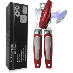 imageCan Opener Manual with Magnet Stainless Steel Handheld Heavy Duty Can Opener Sharp Blade Smooth Edge Comfortable Handle Can Openers with Multifunctional Bottle OpenerRed