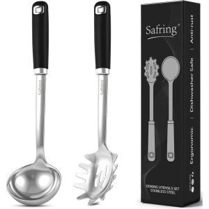 imageStainless Steel Soup Ladle and Spaghetti Spoon Set Heat Resistant Rubber Handle Dishwasher Safe Kitchen Utensils for Cooking Stirring Serving Pasta Soup ampamp SauceBlack  Stainless Steel
