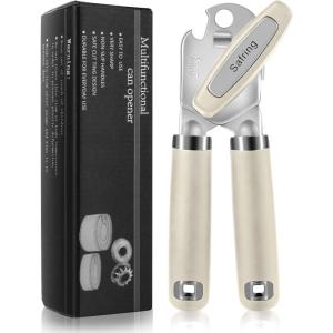 imageCan Opener Manual Heavy Duty Handheld Strong Can Opener with Soft Touch Handle Sharp Blade Smooth Edge Can Openers with Multifunctional Bottle Opener BlueBeige